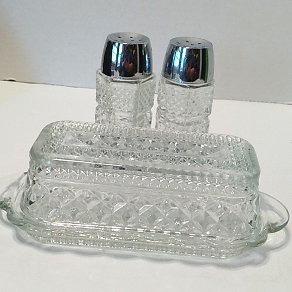 Other - Vintage Crystal Butter Dish Dish Clear Glass and Salt and Pepper shaker